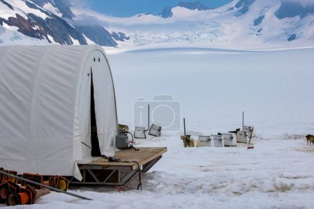 Ein Zelt und Hundezwinger am Mendenhall-Gletscher in Juneau, Alaska