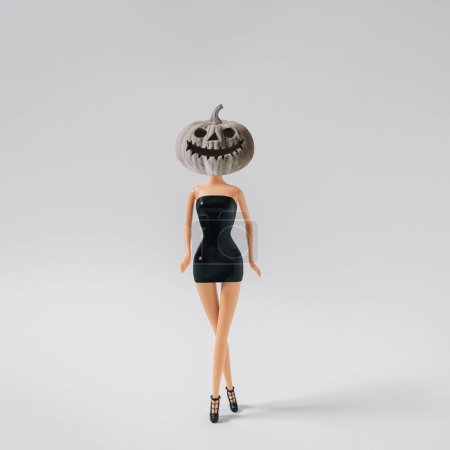 Foto de Una representación 3D de una muñeca de niña con una máscara de calabaza en un vestido de cuero negro y tacones altos, el concepto de Halloween - Imagen libre de derechos