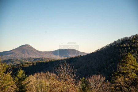 Foto de Una vista panorámica del bosque y el paisaje de montaña en el campo durante el atardecer - Imagen libre de derechos