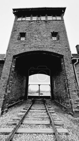 Téléchargez les photos : Vue verticale en niveaux de gris de l'entrée principale du camp d'Auschwitz à Cracovie, Pologne - en image libre de droit