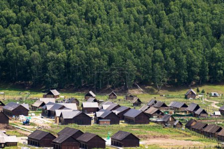 Téléchargez les photos : Un plan aérien au-dessus de petites maisons en bois devant une forêt verte dense dans le Xinjiang, en Chine - en image libre de droit