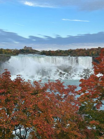 Téléchargez les photos : Le ciel bleu au-dessus de la cascade avec un arbre au premier plan - en image libre de droit