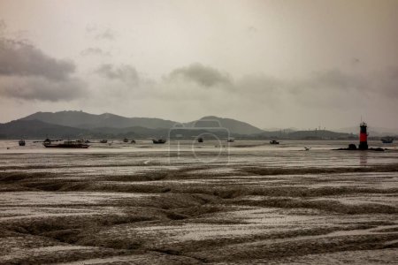 Photo for A low tide of the Yellow sea near the coast of Gunsan in South Korea, with ships and boats on the beach, on a cloudy day - Royalty Free Image