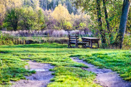 Téléchargez les photos : Banc et table Forest au bord du lac aux couleurs automnales - en image libre de droit