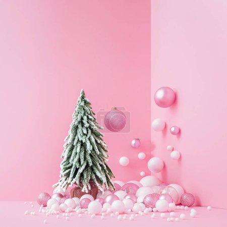 Foto de Representación 3D de un árbol de Navidad rodeado de bolas rosadas en un rincón de paredes rosadas - Imagen libre de derechos