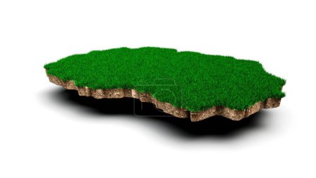 Eine 3D-Darstellung der Karte Nordmakedonien mit geologischem Bodenschnitt mit grünem Gras und Gesteinsbodenstruktur