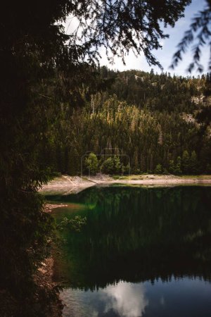 Foto de Un disparo vertical del lago Negro rodeado de montañas Durmitor en Zabljak, Montenegro - Imagen libre de derechos