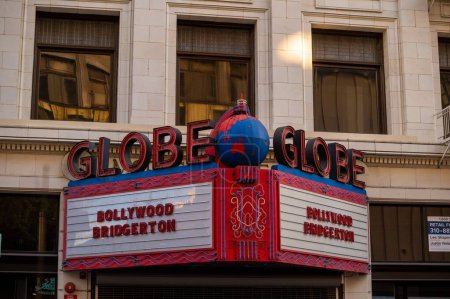 Photo for A closeup shot of a building with a red sign GLOBE in downtown Los Angeles, USA - Royalty Free Image