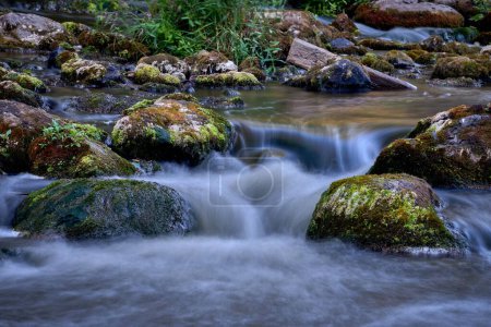Téléchargez les photos : Un plan panoramique de l'écoulement d'une rivière rocheuse avec un effet d'eau soyeux - en image libre de droit