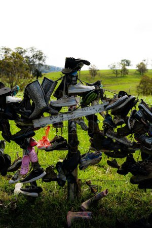 Téléchargez les photos : Un plan vertical de bottes sur la clôture dans la forêt à NSW, Australie - en image libre de droit