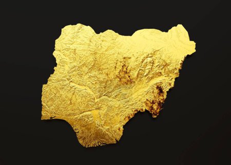 Foto de Representación en 3D del mapa metálico dorado de Nigeria aislado sobre un fondo negro - Imagen libre de derechos