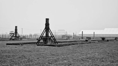 Foto de Una vista a escala de grises de las estructuras en el campo de concentración de Auschwitz en Oswiecim, Polonia - Imagen libre de derechos