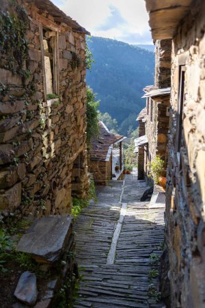 Téléchargez les photos : Plan vertical d'une ancienne ruelle en pierre schiste entourée de maisons moussues dans un village au Portugal - en image libre de droit