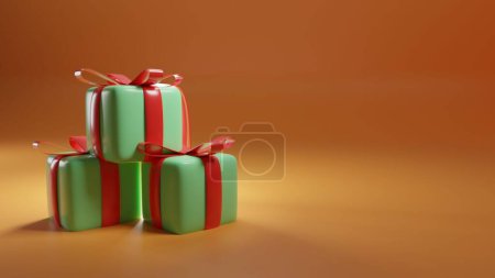 Téléchargez les photos : Un rendu 3D de trois coffrets cadeaux verts avec des nœuds rouges sur un fond brun avec un espace de copie - en image libre de droit