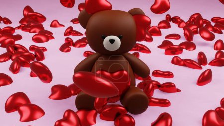 Téléchargez les photos : Un rendu numérique 3D d'une jolie figure d'ours en peluche brun lisse avec un cœur sur un fond romantique - en image libre de droit