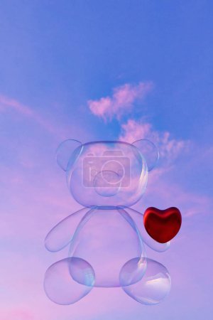 Foto de Representación digital en 3D de una figura de osito de peluche transparente con un corazón sobre un fondo de cielo - Imagen libre de derechos