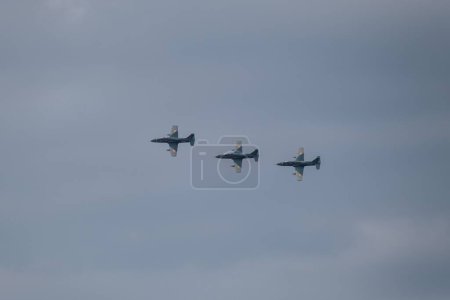 Photo for The three Aero L-39 Albatros airplanes flying at Bucharest International Air Show (BIAS 2022) - Royalty Free Image