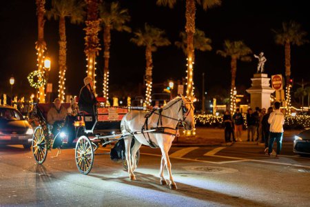 Photo for People riding around a city at night in a chariot and a white horse - Royalty Free Image