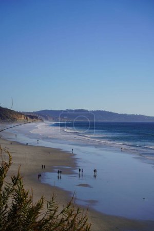 Foto de Un plano vertical de gente caminando en la orilla de la playa bajo un cielo azul - Imagen libre de derechos