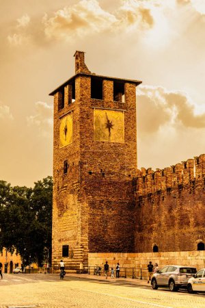Photo for A vertical of a tower at the Castelvecchio Museum in warm tones located in Verona, Italy. - Royalty Free Image