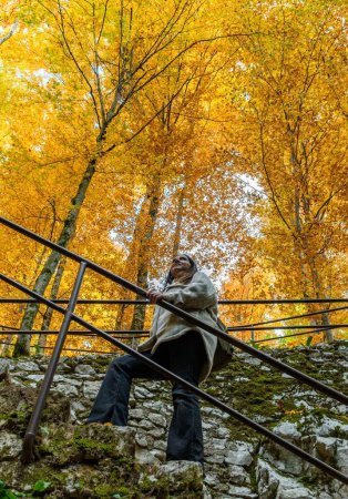 Foto de Un plano vertical de una hembra subiendo escaleras de piedra en el parque nacional de los lagos de Plitvice en otoño - Imagen libre de derechos