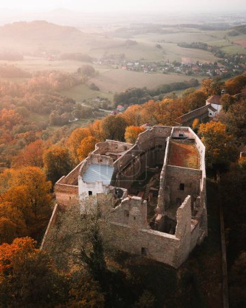 An aerial view of ruins of old castle in the Hukvaldy in Czech republic