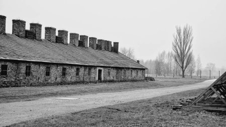 Foto de Una vista a escala de grises de un edificio en el campo de concentración de Auschwitz en Oswiecim, Polonia - Imagen libre de derechos