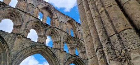 Photo for A panoramic low angle shot of the arched pillars of Rievaulx Abbey against blue sky background - Royalty Free Image
