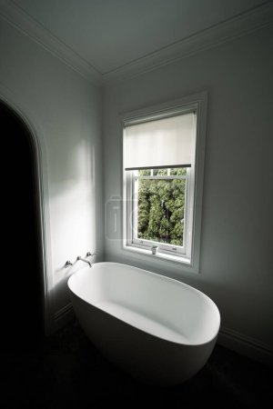 Téléchargez les photos : Un plan vertical de la lumière du soleil éclairant légèrement une baignoire moderne blanche - en image libre de droit
