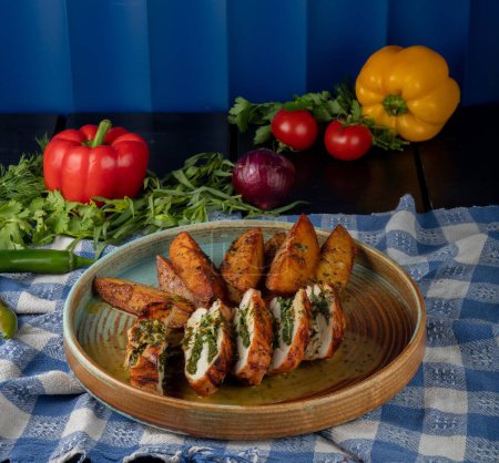 Foto de Un plato de pollo con personal con patatas en s plato junto con verduras frescas - Imagen libre de derechos