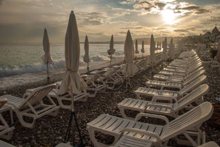 Photo for Sun loungers on the beach at Nice, France - Royalty Free Image