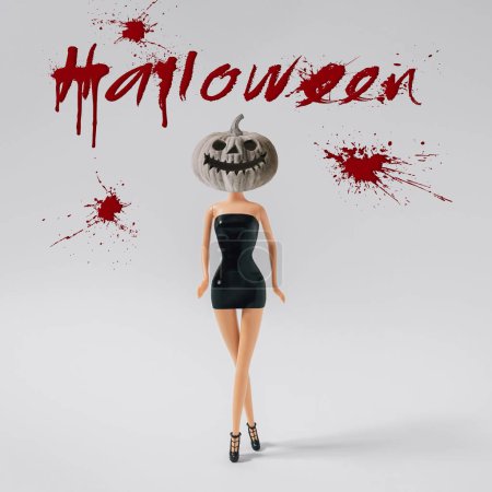 Foto de Una representación 3D de una muñeca de niña con una máscara de calabaza en un vestido de cuero negro y tacones altos, el concepto de Halloween - Imagen libre de derechos