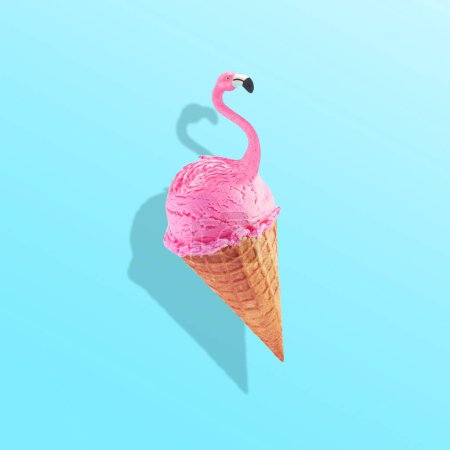 Photo for A 3D pink flamingo in ice cream waffle cone on a pastel blue background - Royalty Free Image