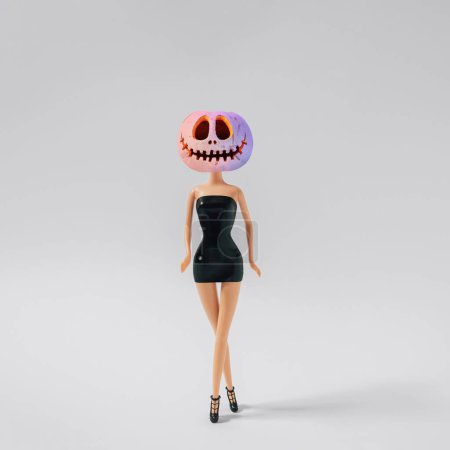 Photo for A 3D rendering of a girl doll with a pumpkin mask in a black leather dress and high heels, the concept of Halloween - Royalty Free Image