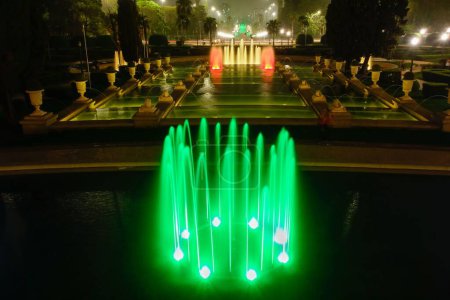 Photo for Sao Paulo, Brazil: colored water fountains in Ipiranga Museum park, night scene - Royalty Free Image