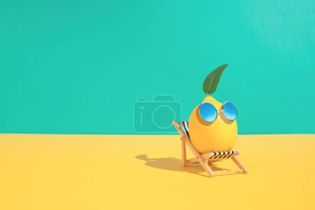 A 3D yellow lemon chilling on beach on pastel green background - summer concept