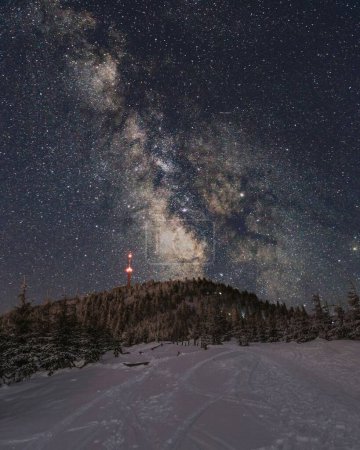 Téléchargez les photos : Une verticale de la voie lactée bleue au-dessus d'une forêt enneigée hivernale étoiles en arrière-plan ciel - en image libre de droit