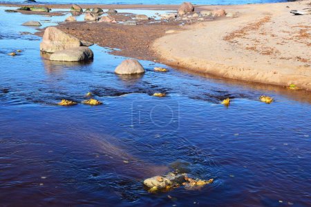 Foto de Las aguas azules del mar que se encuentran con las rocas y la orilla arenosa durante el día - Imagen libre de derechos