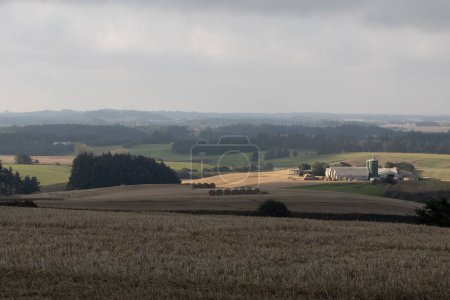 Téléchargez les photos : Une vue naturelle d'un champ récolté et de terres agricoles à la campagne - en image libre de droit