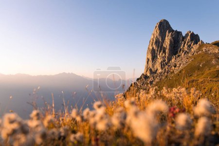 Foto de Una hermosa puesta de sol sobre la montaña Pierre Avoi y una alfombra de flores en Sajonia, Suiza - Imagen libre de derechos