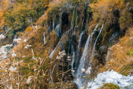 Foto de Un paisaje otoñal con una cascada de larga exposición en el Parque Nacional de los Lagos de Plitvice, Croacia - Imagen libre de derechos