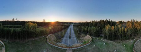 Photo for A panoramic shot of an ecoduct highway with traffic surrounded by green forests at sunset - Royalty Free Image