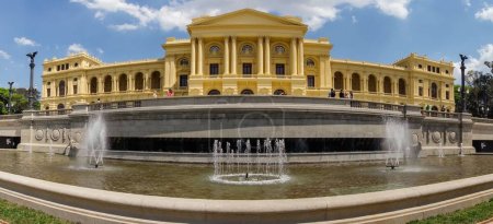 Photo for Sao Paulo, Brazil: fountain and facade of historic palace of Ipiranga Museum at Independence Park - Royalty Free Image