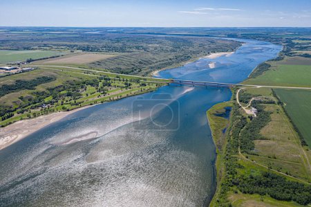 An aerial view of the Sky Trail Bridge by Lake Diefenbaker in Saskatchewan, Canada