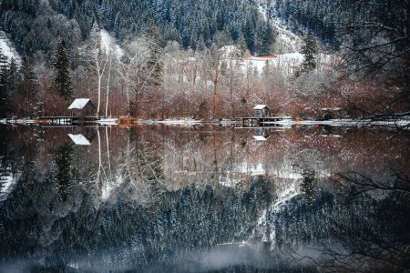 Foto de Pequeñas chozas a orillas del lago contra una montaña cubierta de árboles caídos y nieve, con reflejos en el agua - Imagen libre de derechos