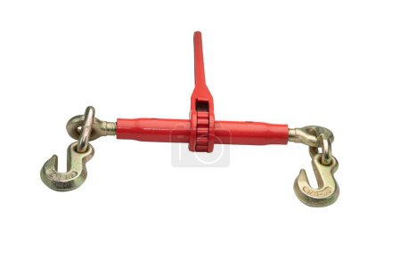 Foto de Un aglutinante de cadena de trinquete rojo metálico con ladrones de plata para asegurar la carga aislada en el fondo blanco - Imagen libre de derechos