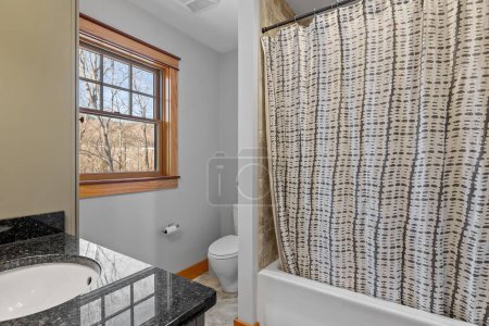 Téléchargez les photos : Une belle maison rustique contemporaine design de salle de bain intérieure avec un rideau de douche à motifs - en image libre de droit