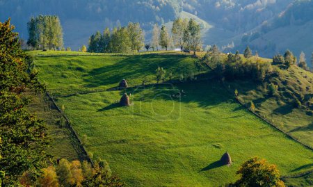 Téléchargez les photos : Une photo de drone d'un champ de pâturage clôturé sur la colline dans une ferme rurale par une journée ensoleillée - en image libre de droit