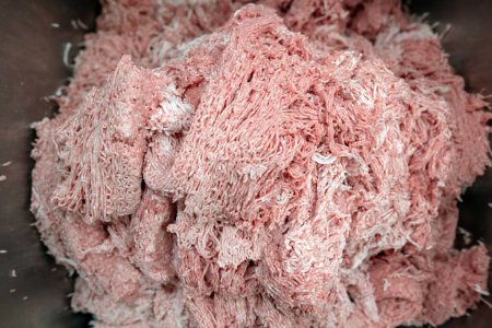 Photo for High angle close-up of uncooked fresh minced beef meat in container - Royalty Free Image