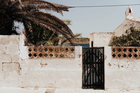 Téléchargez les photos : Une clôture pierreuse avec une porte fermée avec des palmiers sur la côte - en image libre de droit